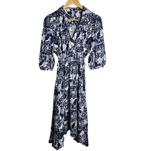FEMELLA Navy Blue Floral Print Midi‎ Dress Women's Size M V Neck Smocked Waist